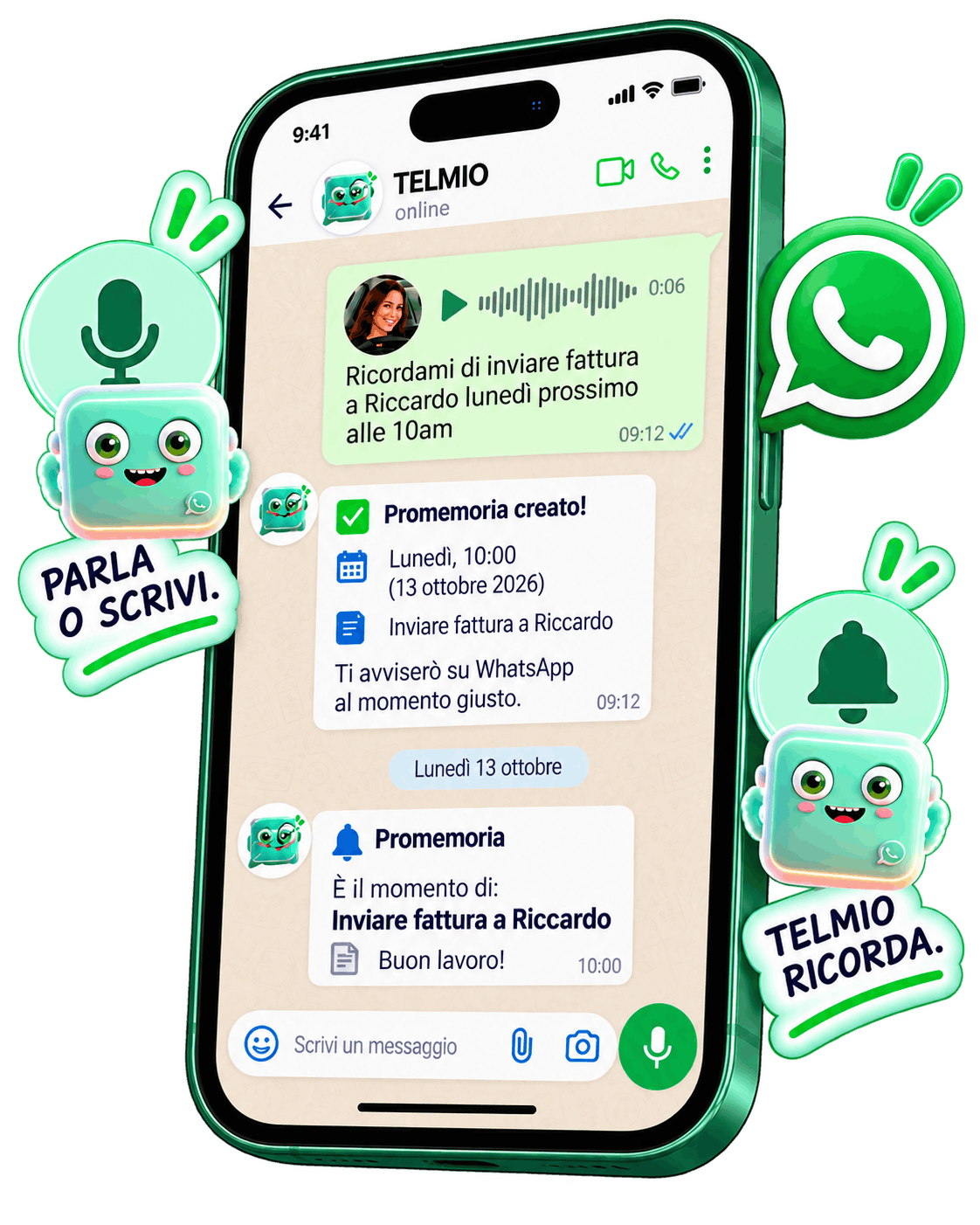 Conversazione WhatsApp con Telmio: creazione e notifica di un promemoria